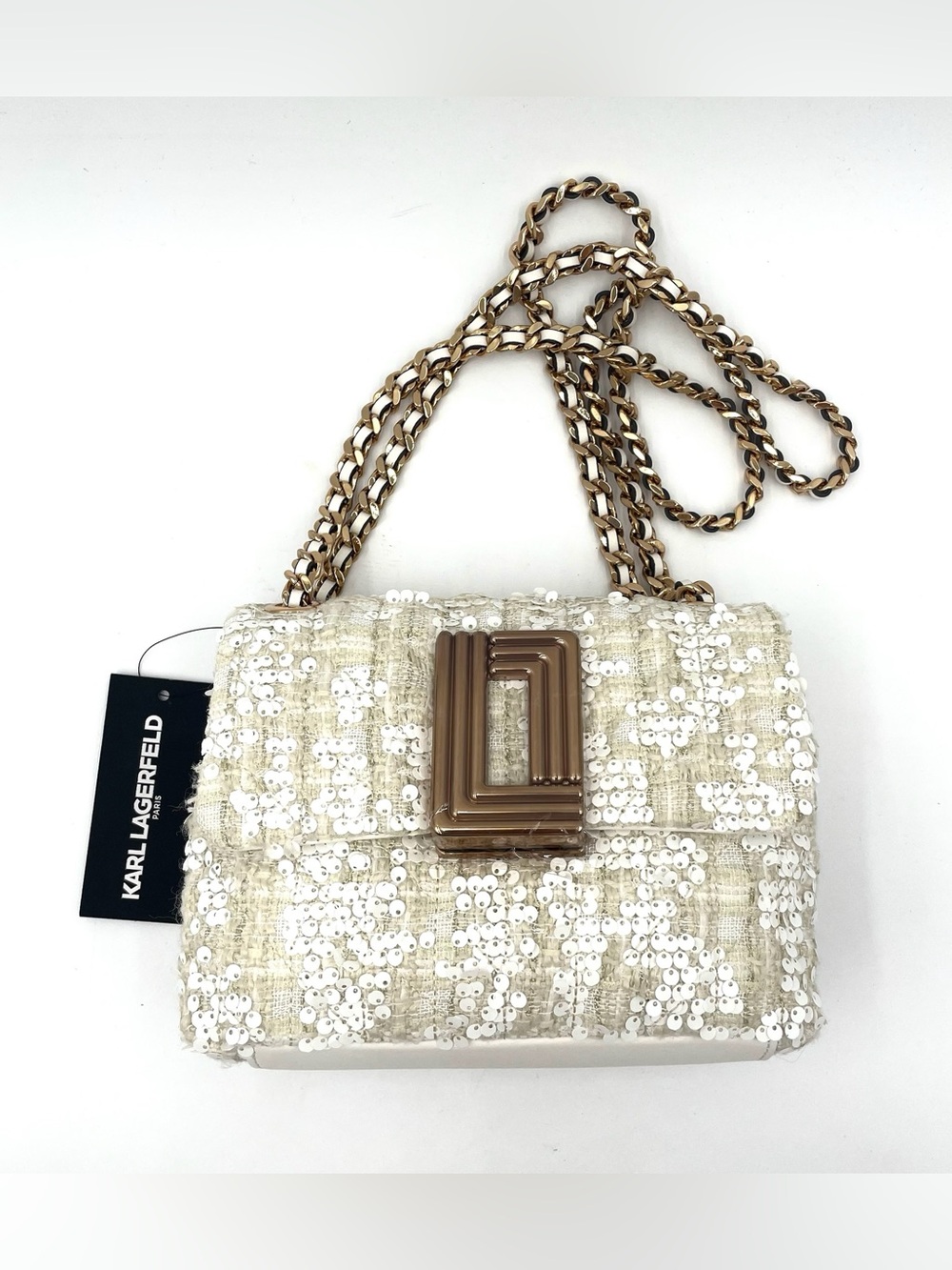 Brand New Karl Lagerfeld Lafayette Cream Sequin Chain Bag